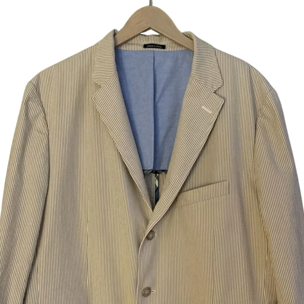 J Crew Seersucker Blazer Mens Size 46 Long Khaki White Striped Cotton Sport Coat